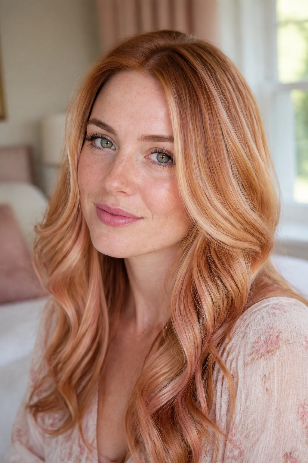Close-up of strawberry blonde hair with rose gold highlights on a real woman