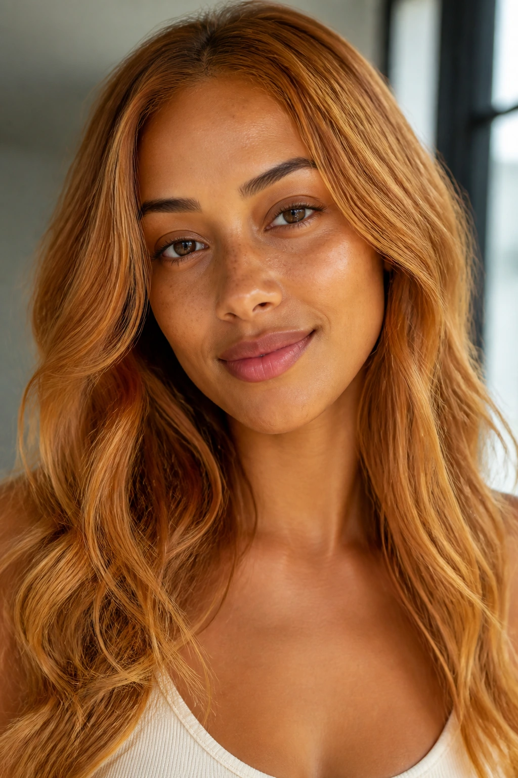 Close-up of a real woman's strawberry blonde hair harmonizing with her skin tone