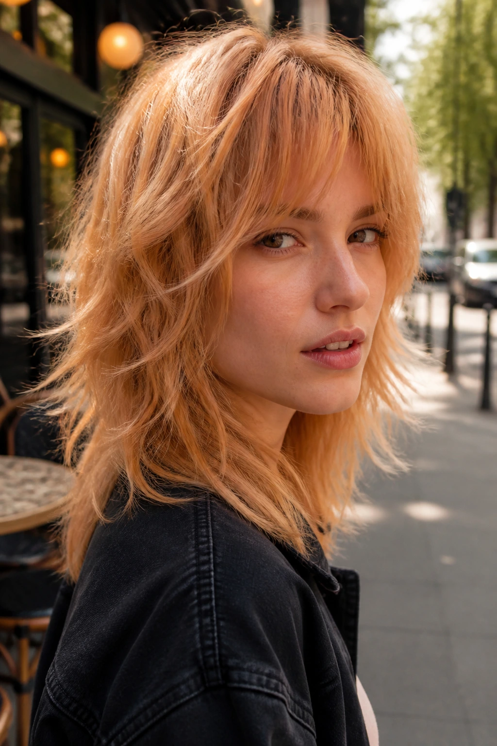 Close-up of a real woman with strawberry blonde shag haircut showing movement