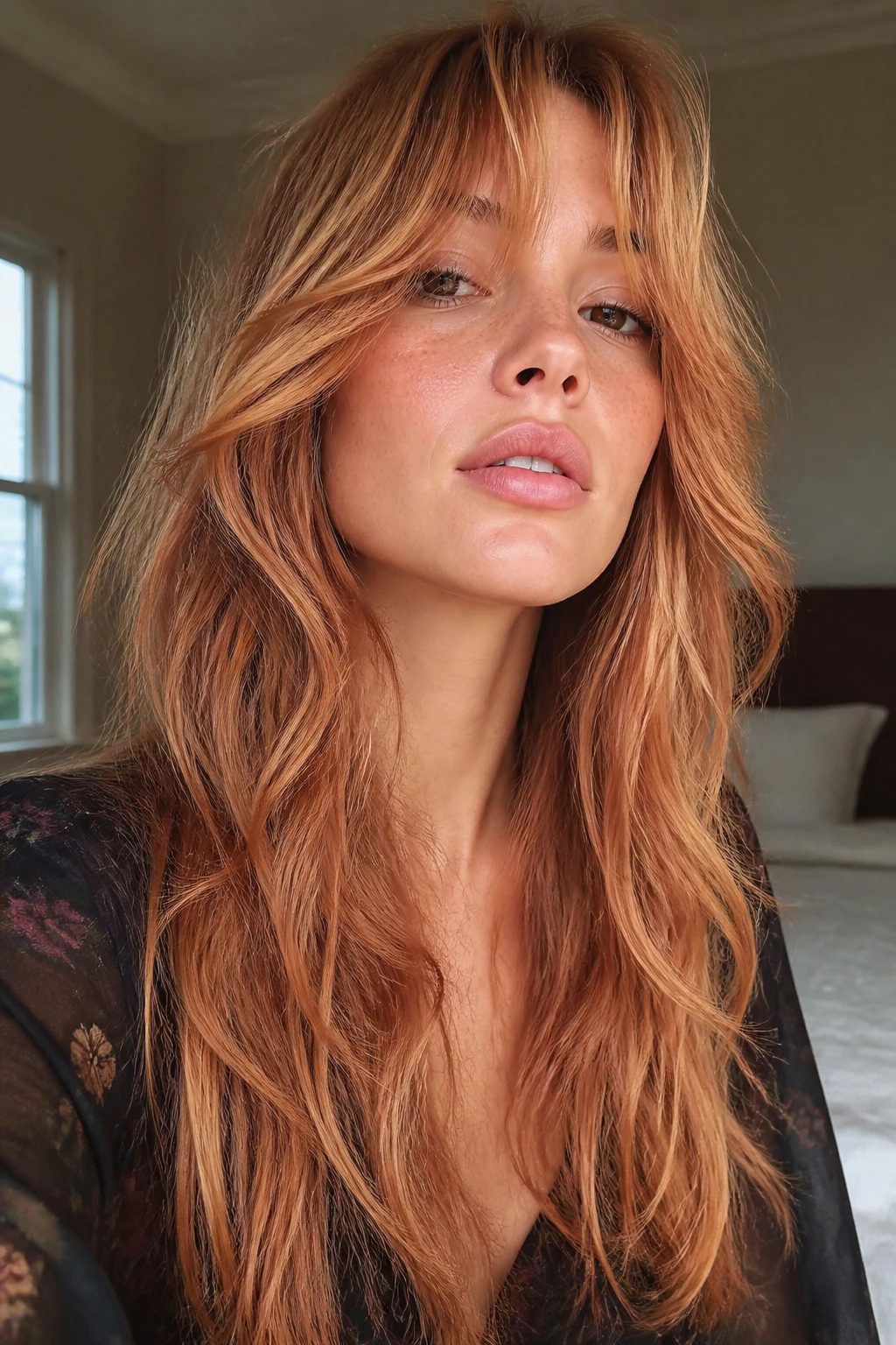 Close-up of a real woman with long strawberry blonde shag featuring feathered layers and soft fringe in warm window light