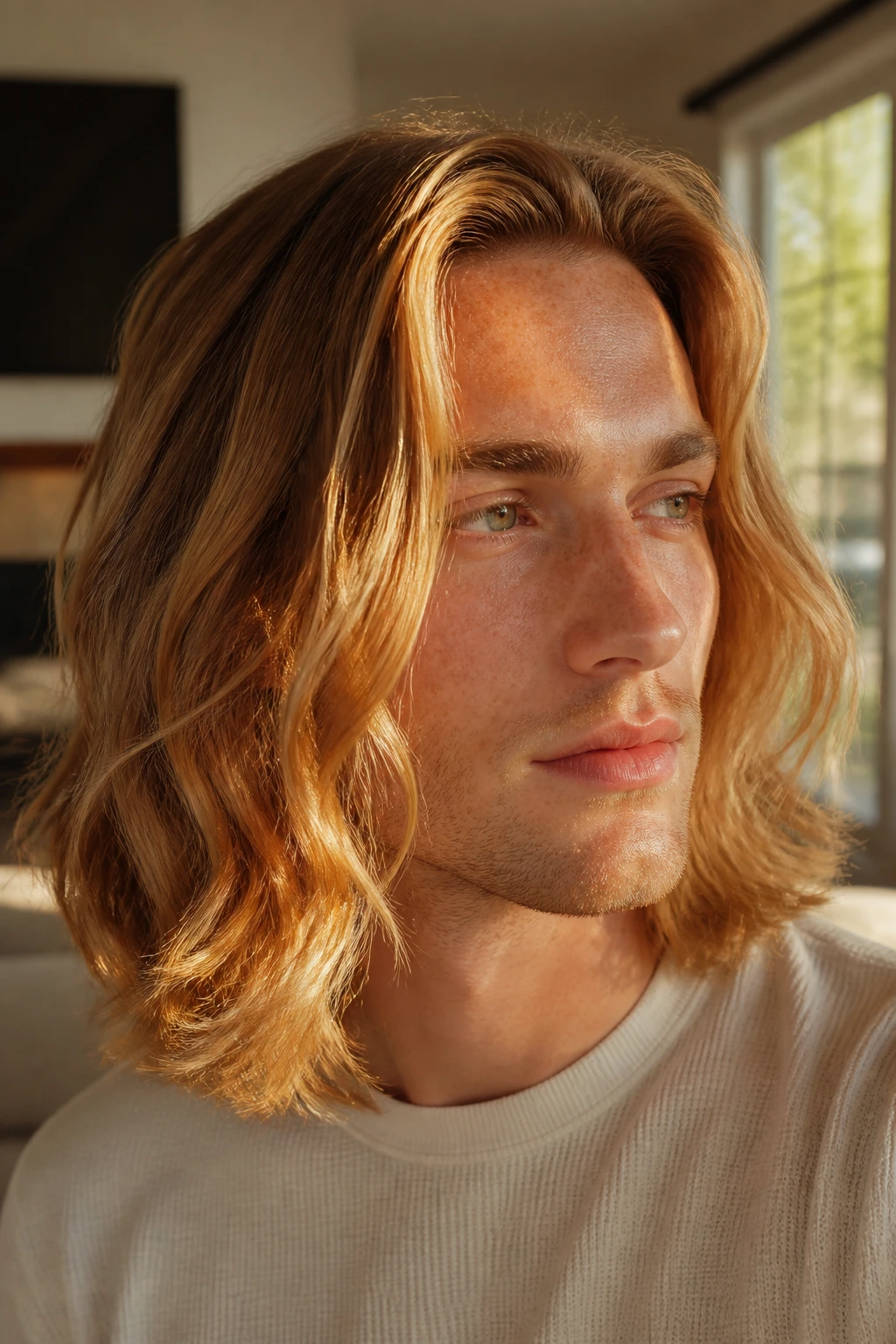 Strawberry blonde lob with soft waves and face frame catching light