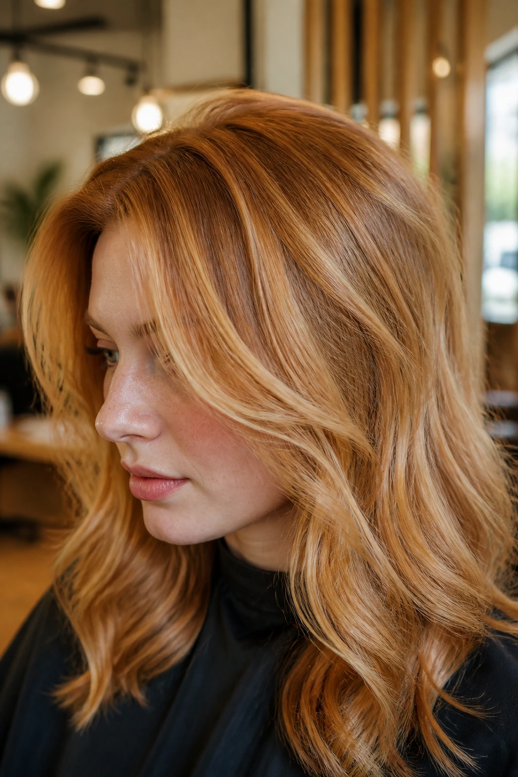 Close-up of strawberry blonde hair with shine, lifted roots, and face-framing pieces