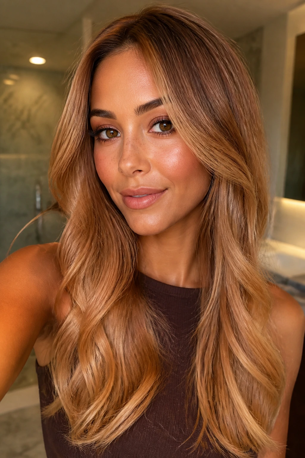 Close-up portrait of a real woman with glossy strawberry blonde balayage in a warm bathroom