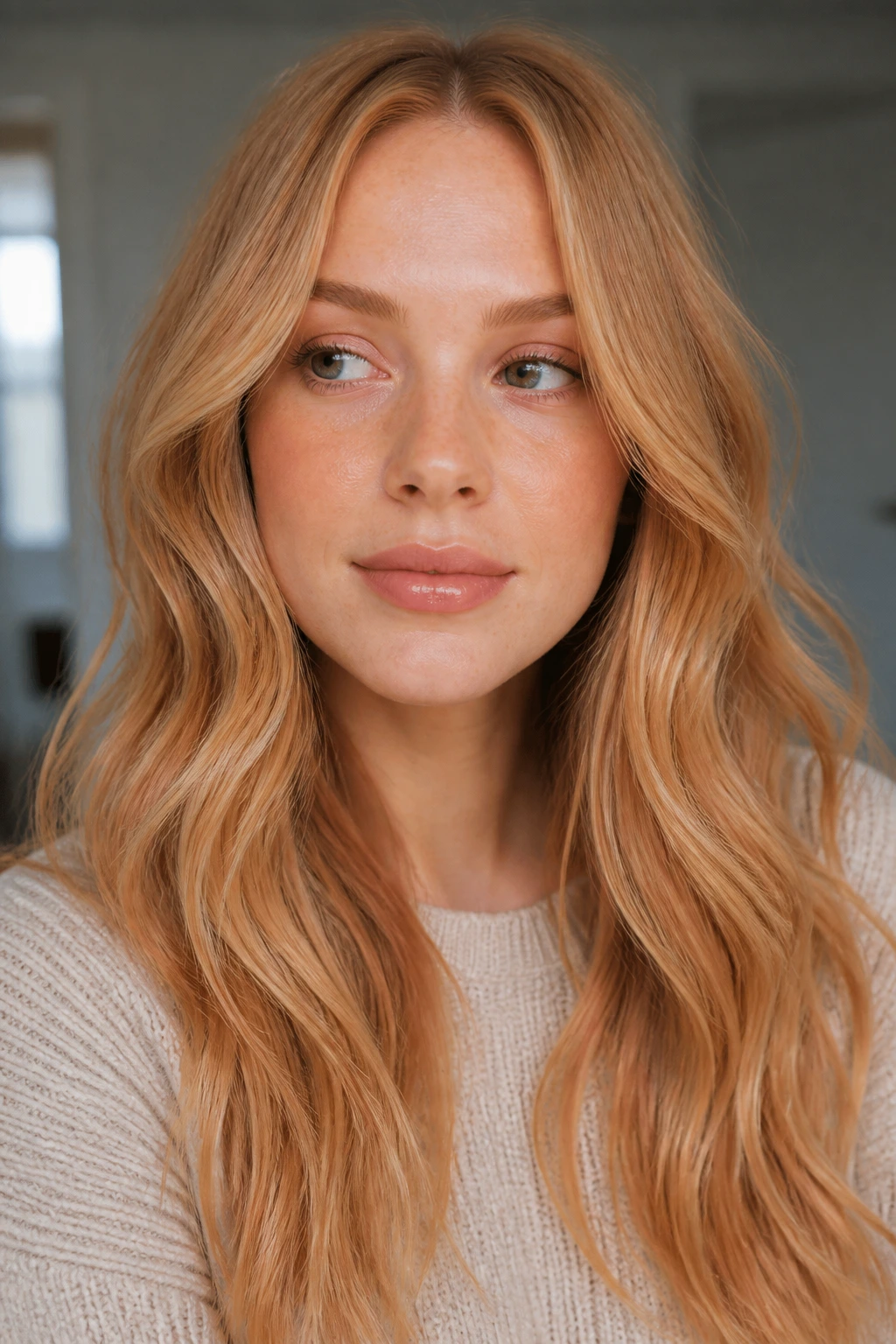 Close-up of warm strawberry blonde hair reading soft under daylight on a real person
