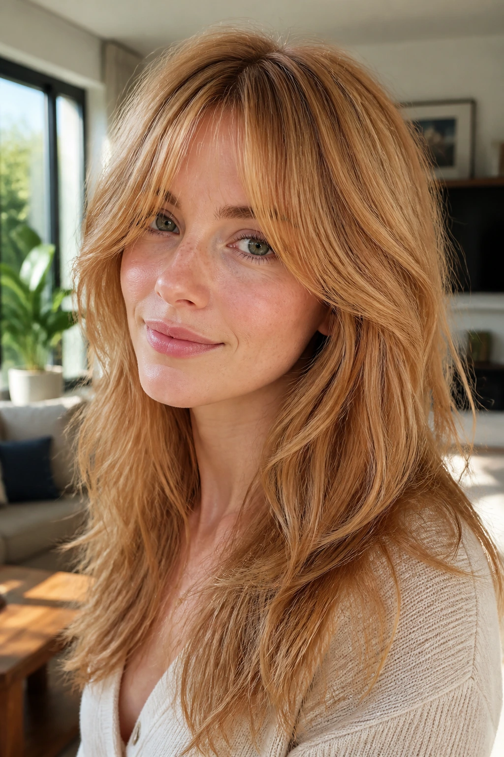 Close-up of a real woman with strawberry blonde soft shag and curtain bangs