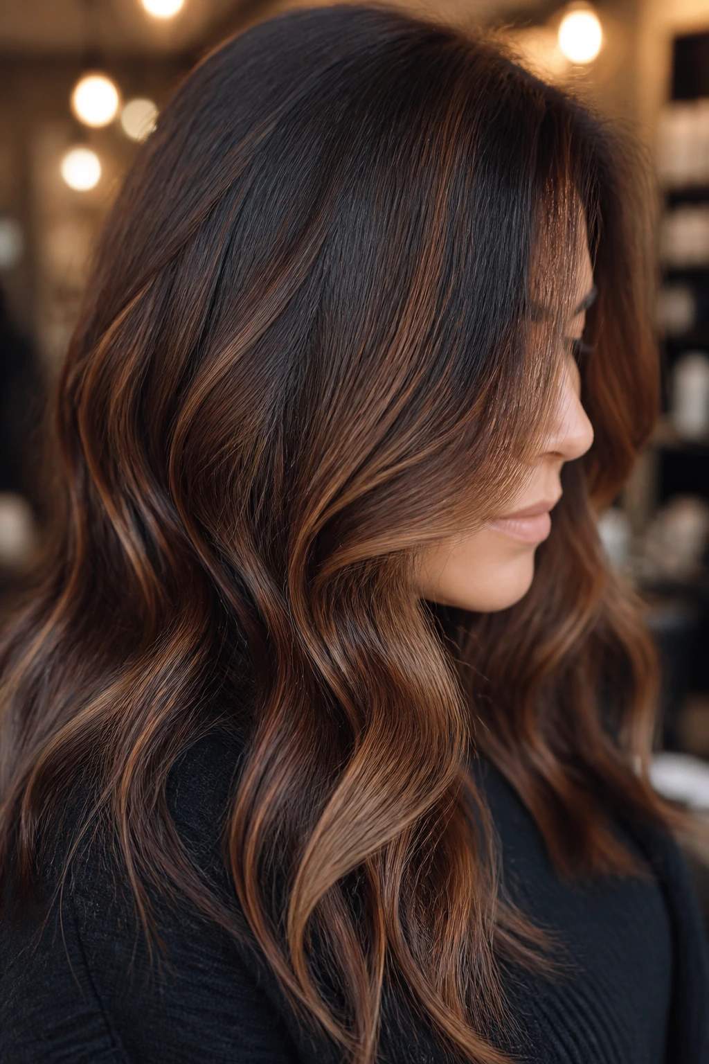 Dark hair with soft strawberry highlights blended into brunette base.