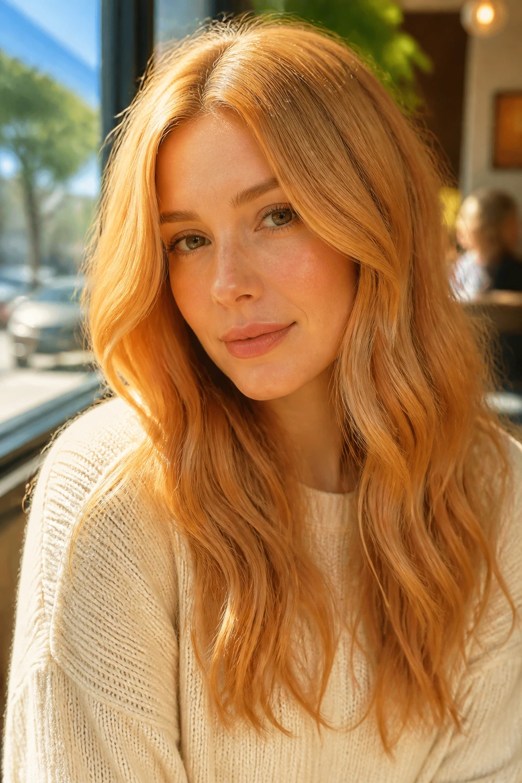 Portrait of a woman with light strawberry blonde hair styled in loose waves.