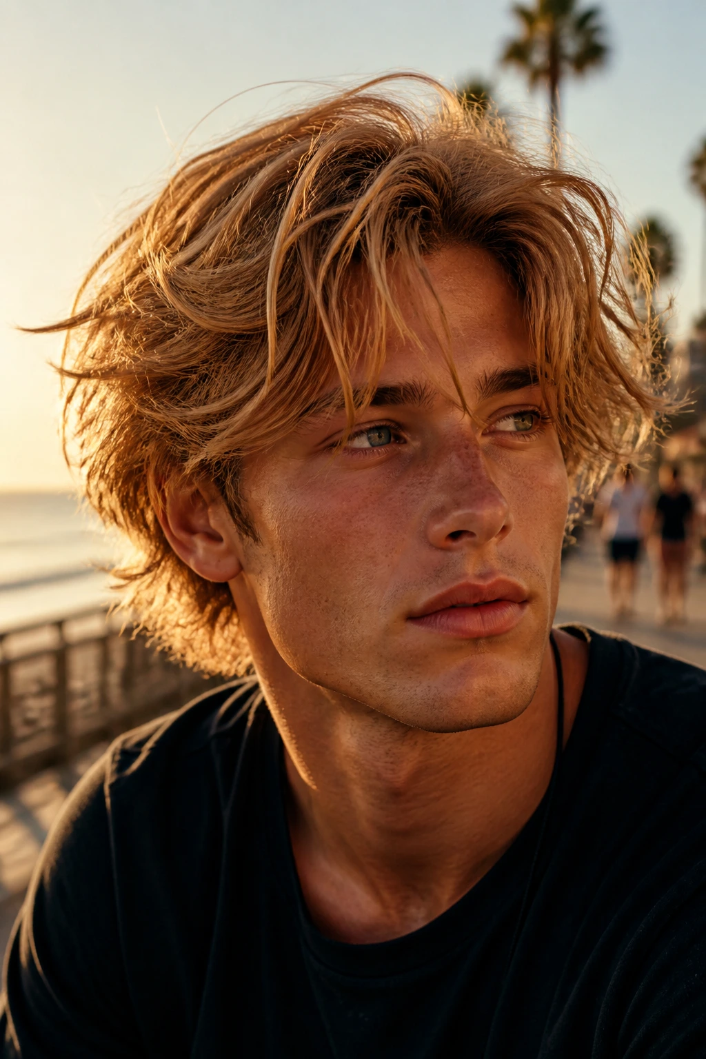Real person with surfer-textured medium cut in strawberry blonde