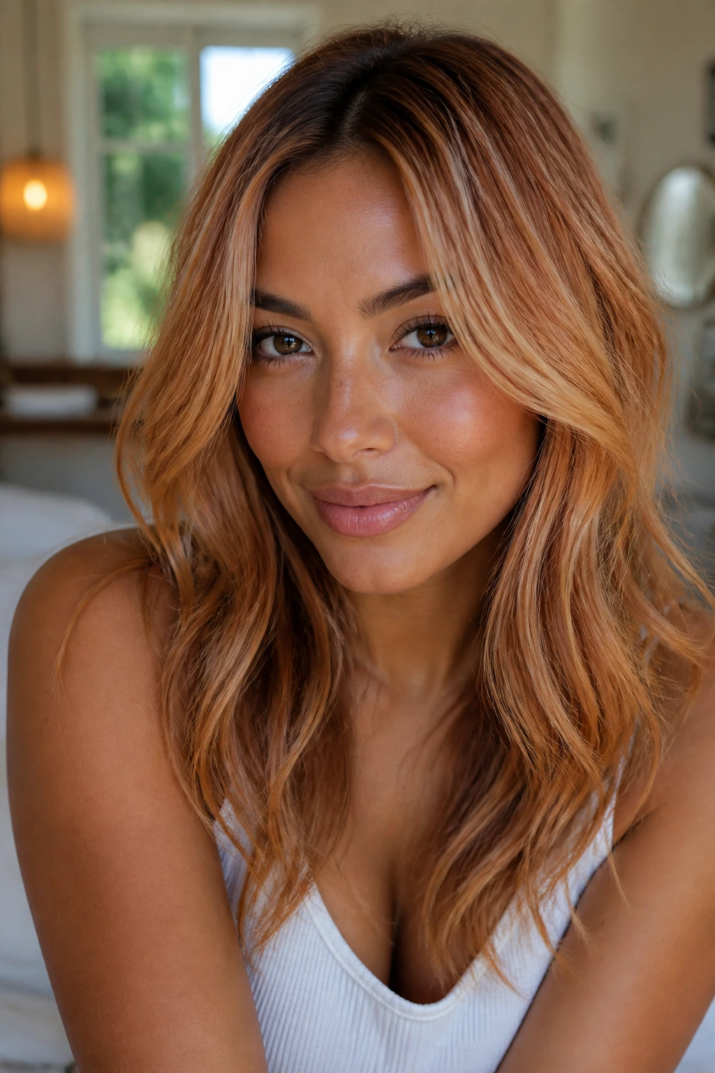 Close-up portrait showing strawberry blonde shades on tan skin with soft root shadow.