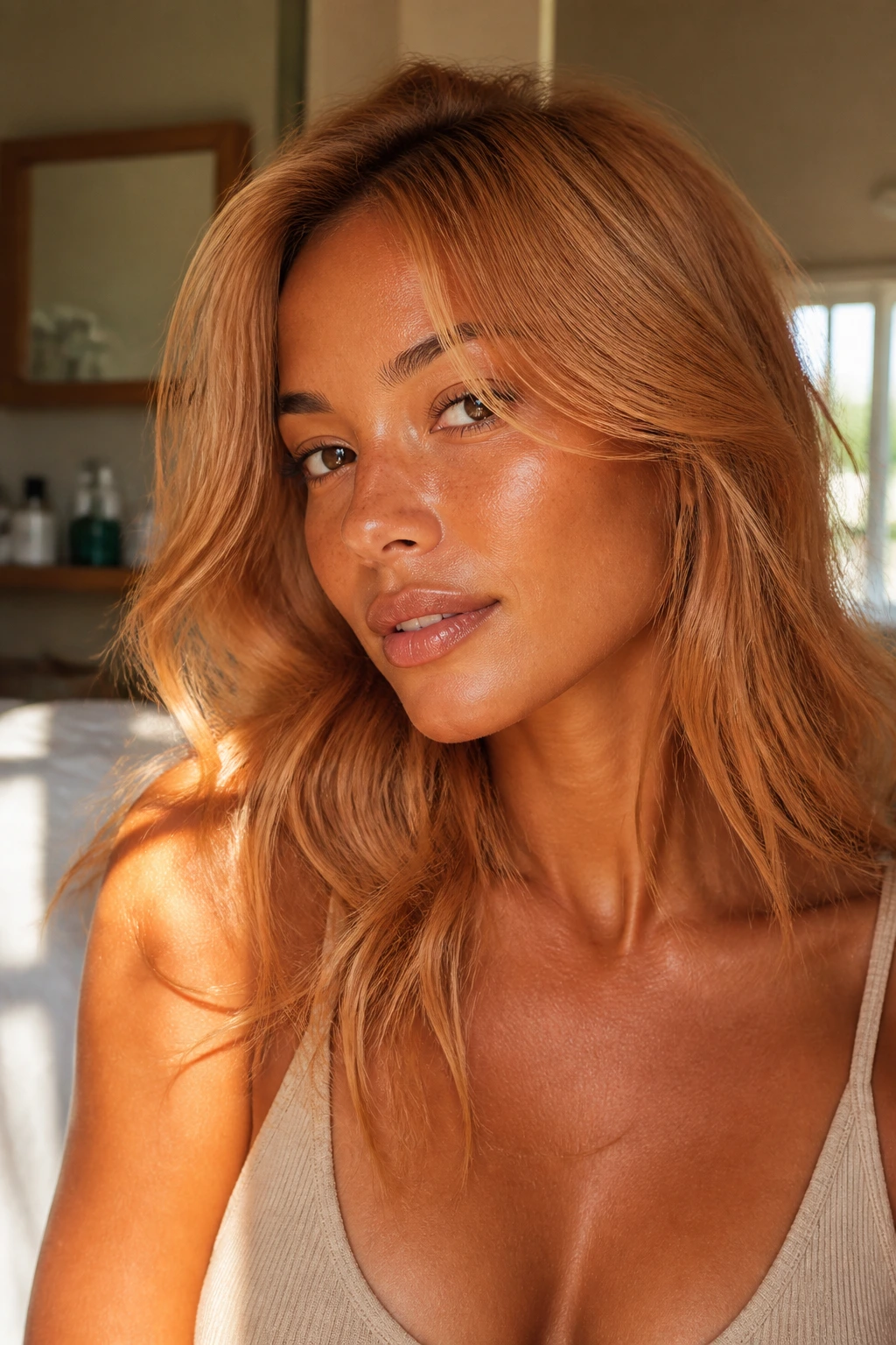 Close-up portrait of a person with bright strawberry blonde hair on sun-kissed tan skin in warm light