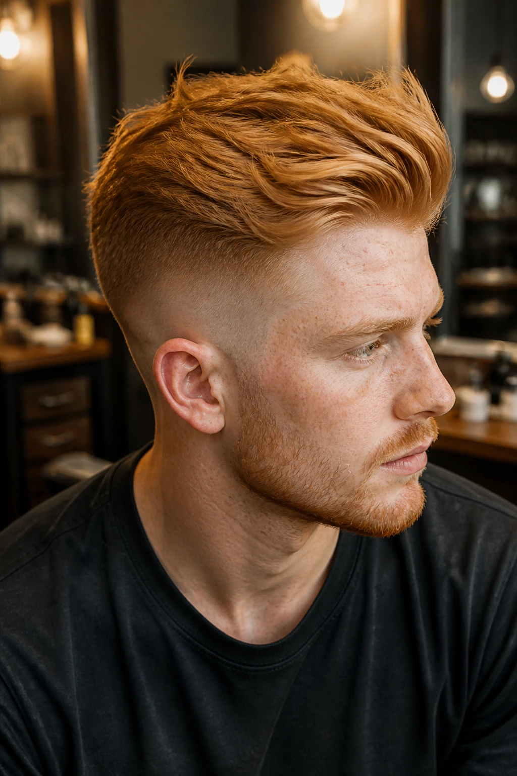 Man with strawberry blonde undercut and longer top.