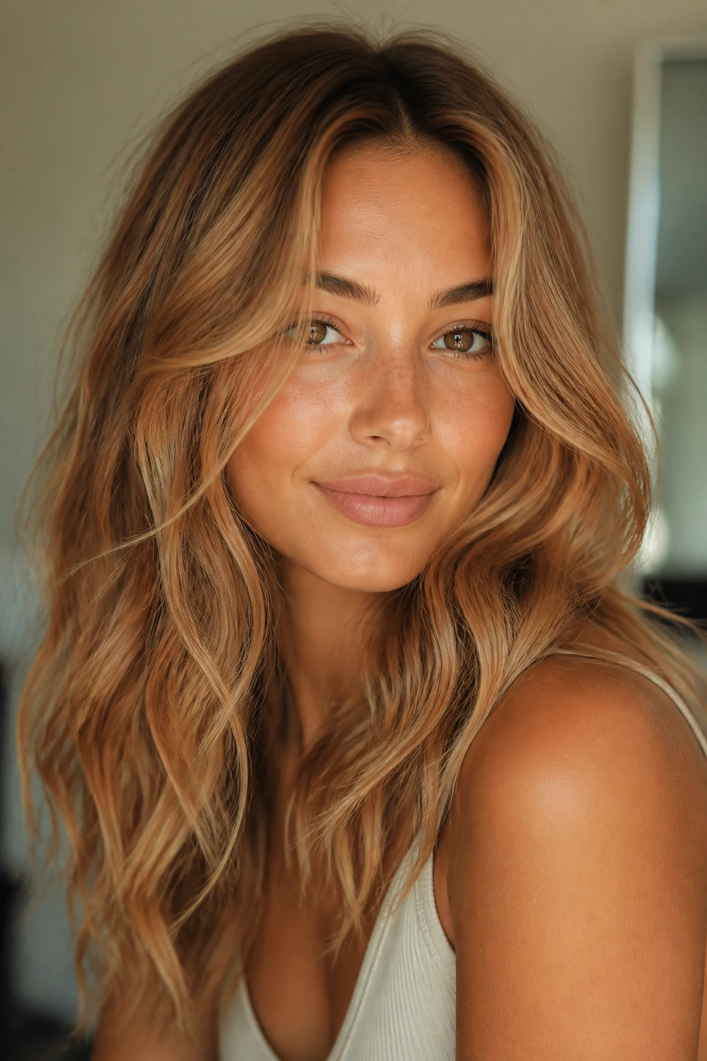 Portrait of a woman with strawberry blonde hair matched to golden undertones for tan skin