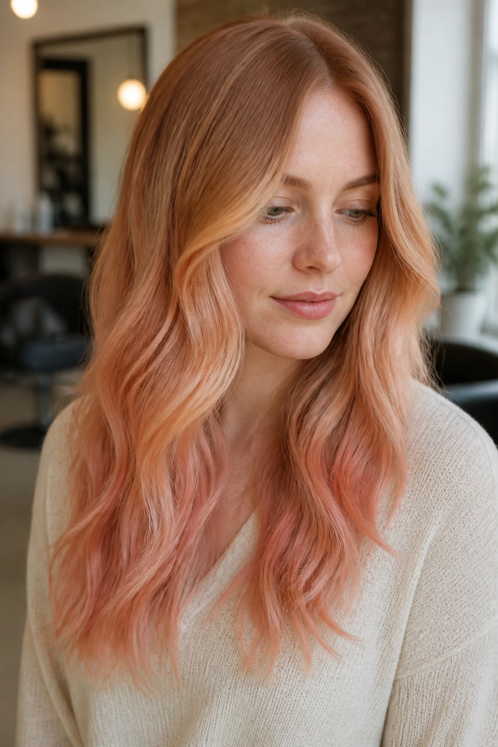 Close-up of a real woman showcasing peach-sherbet to rose-copper strawberry blonde ombre.