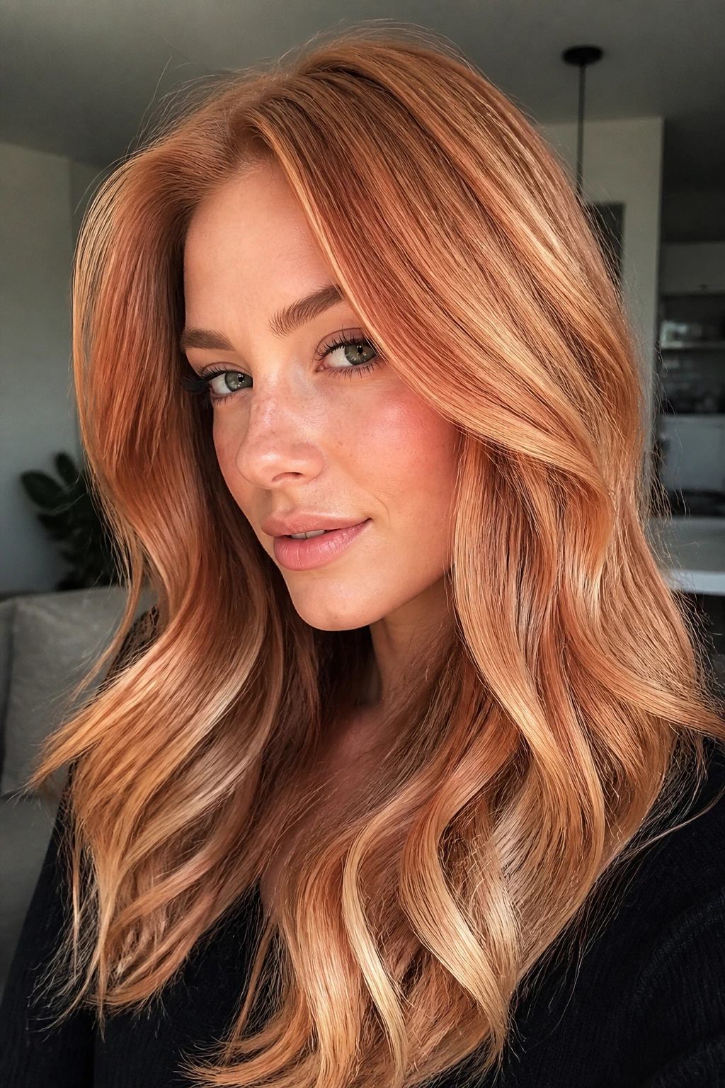 Portrait of a real woman with apricot honey melt strawberry blonde with rose-copper variations