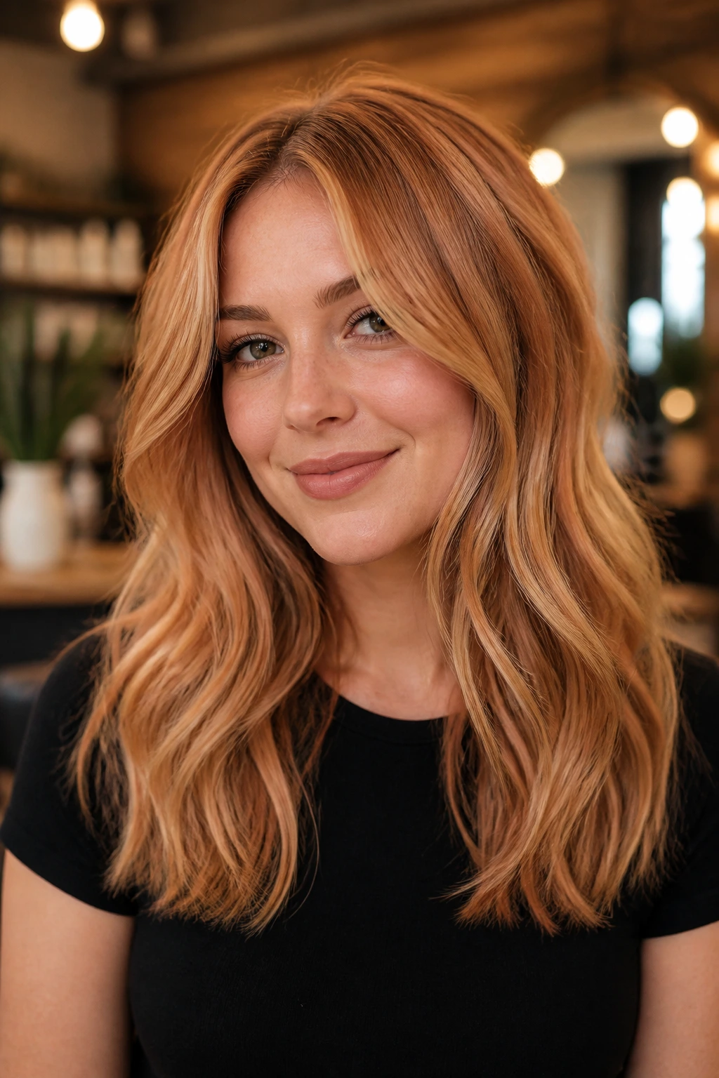 Medium close-up of a real woman with warm strawberry blonde hair showing color variation under warm lighting.
