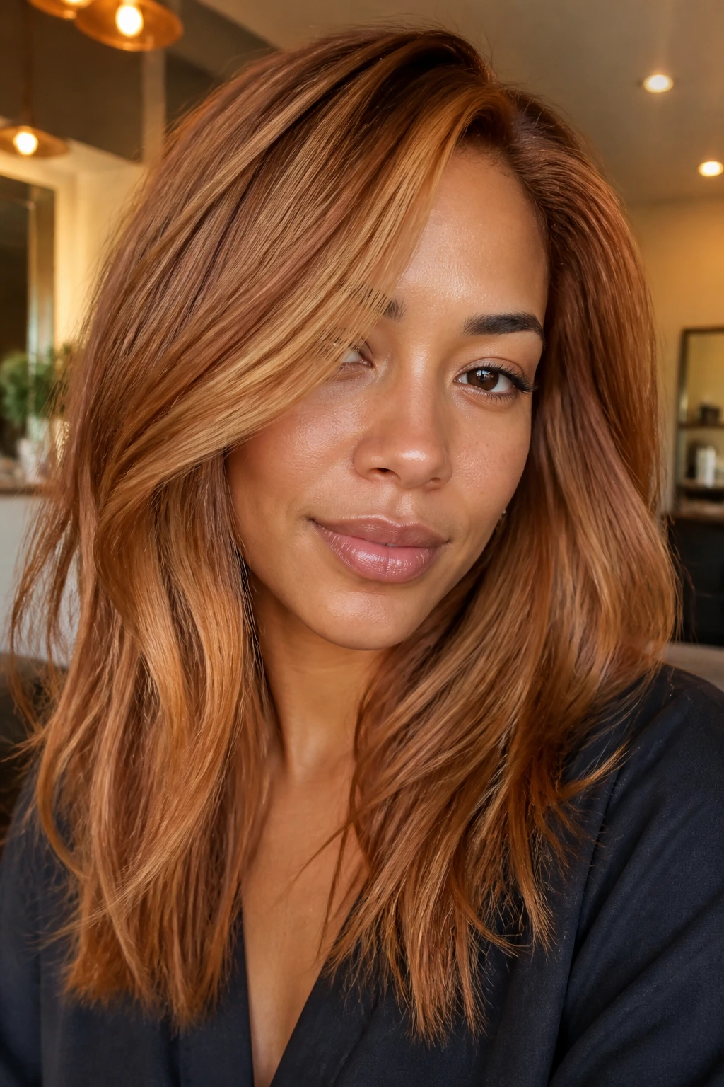 Close-up of a real woman's strawberry blonde hair with bronze and strawberry highlights for depth