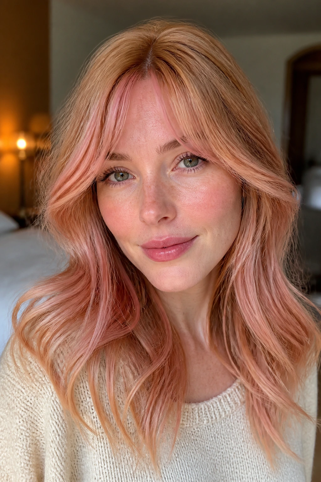Portrait of a woman with strawberry-blonde hair showing cool-pink front highlights