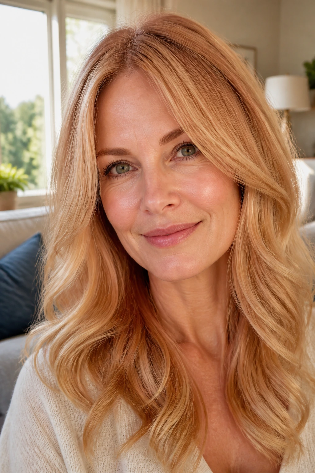 Close-up portrait of a real woman with strawberry blonde hair featuring a warm blonde base in natural light.