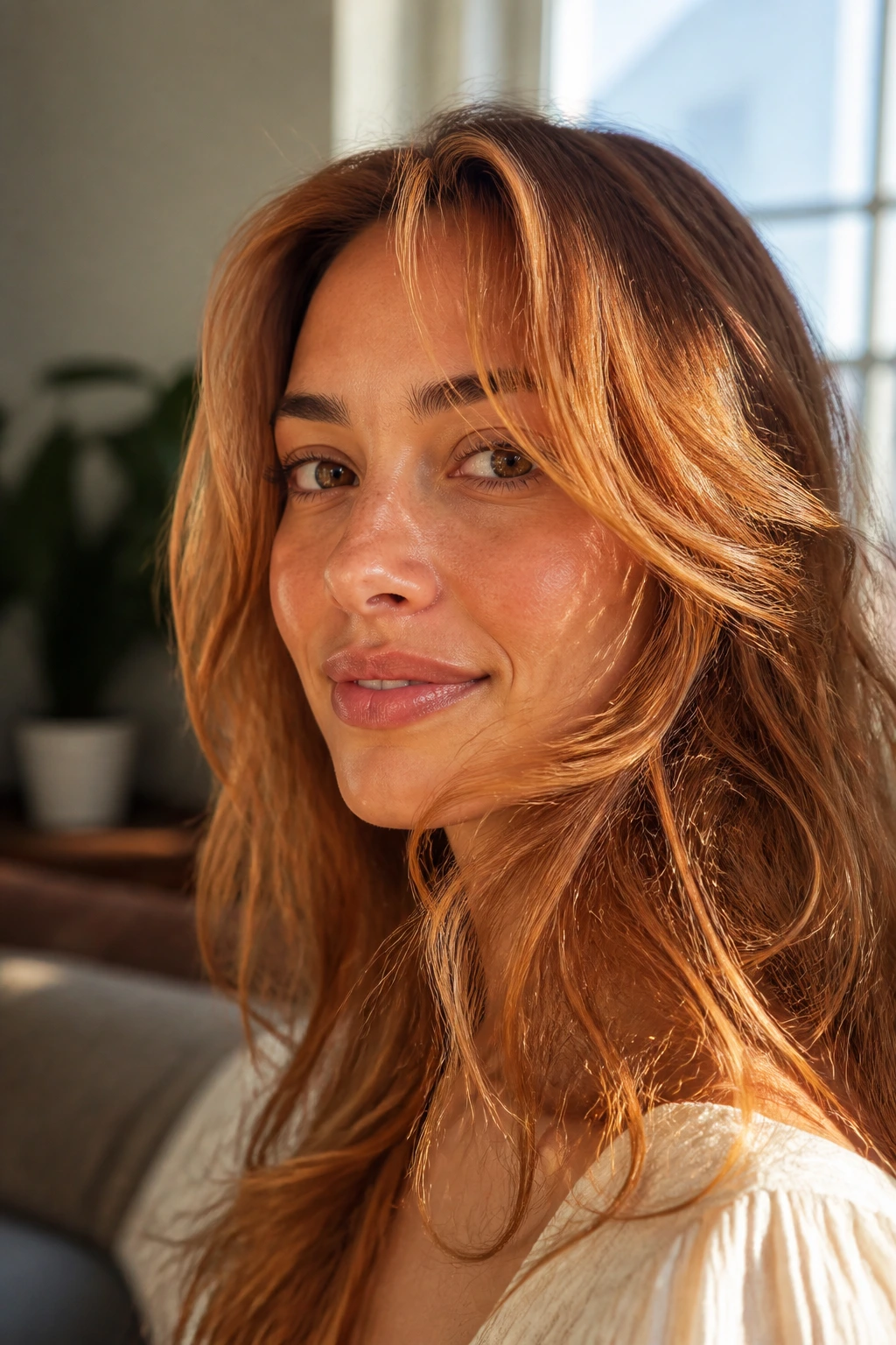 Close-up portrait of a woman with strawberry blonde hair and warm olive skin under natural light.