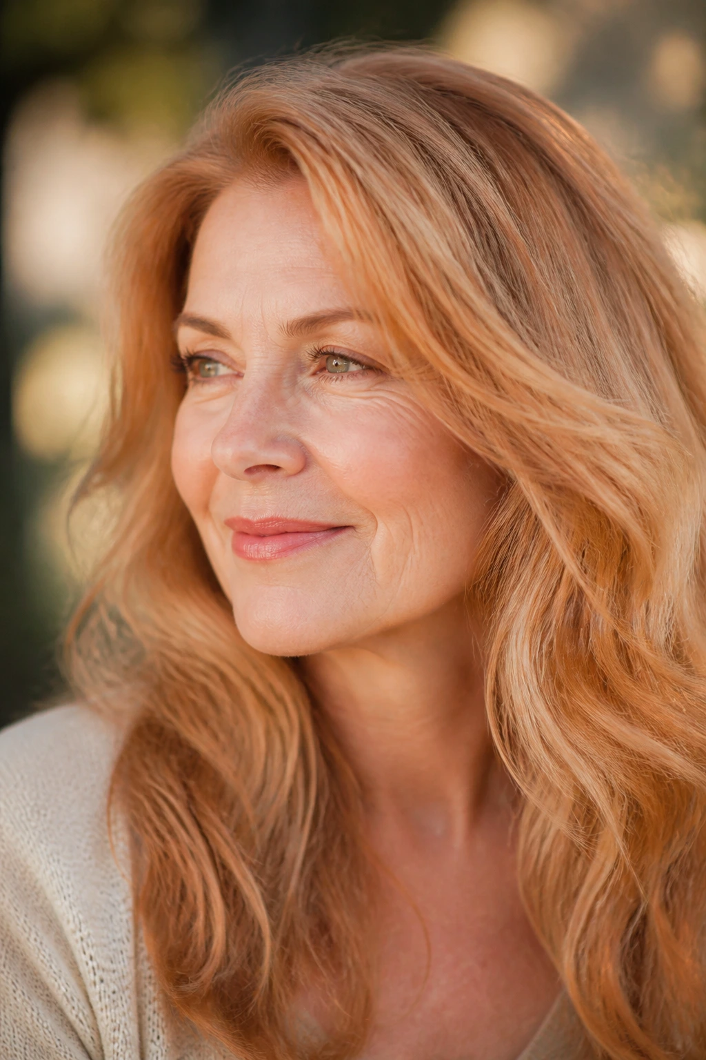 Close-up portrait of a real woman with warm strawberry blonde finish in sunlight.