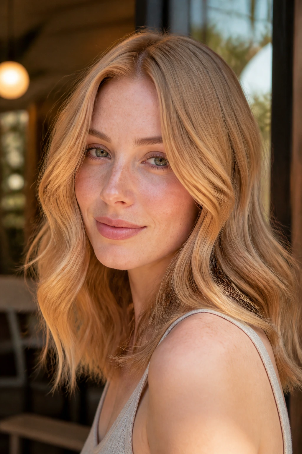 Close-up of strawberry-blonde waves on a fair-skinned woman
