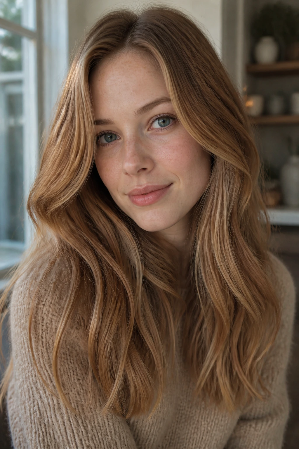 Close-up of Strawberry Bronde hair with freckles in natural light