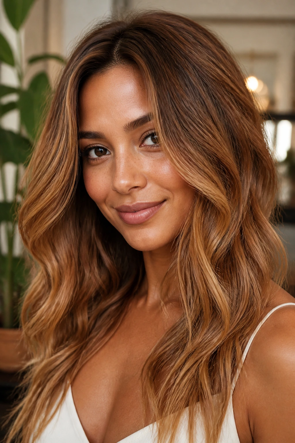 Portrait of person with strawberry bronde glow hair