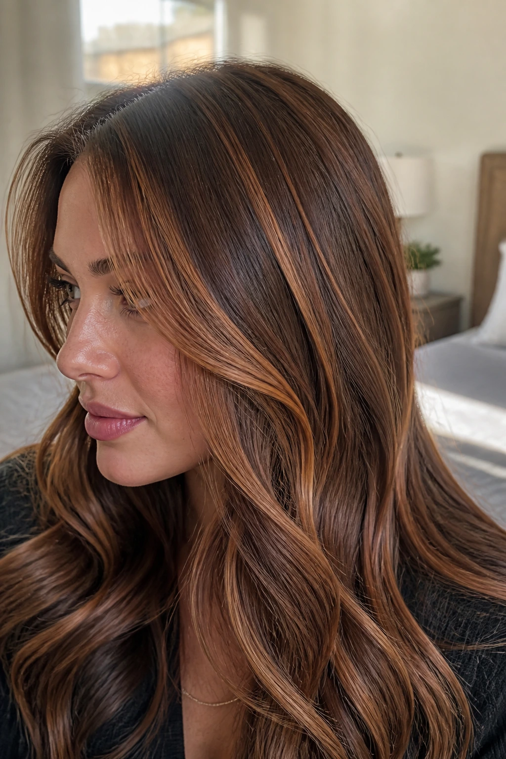 Close-up of brunette with strawberry bronde slices at crown and temples