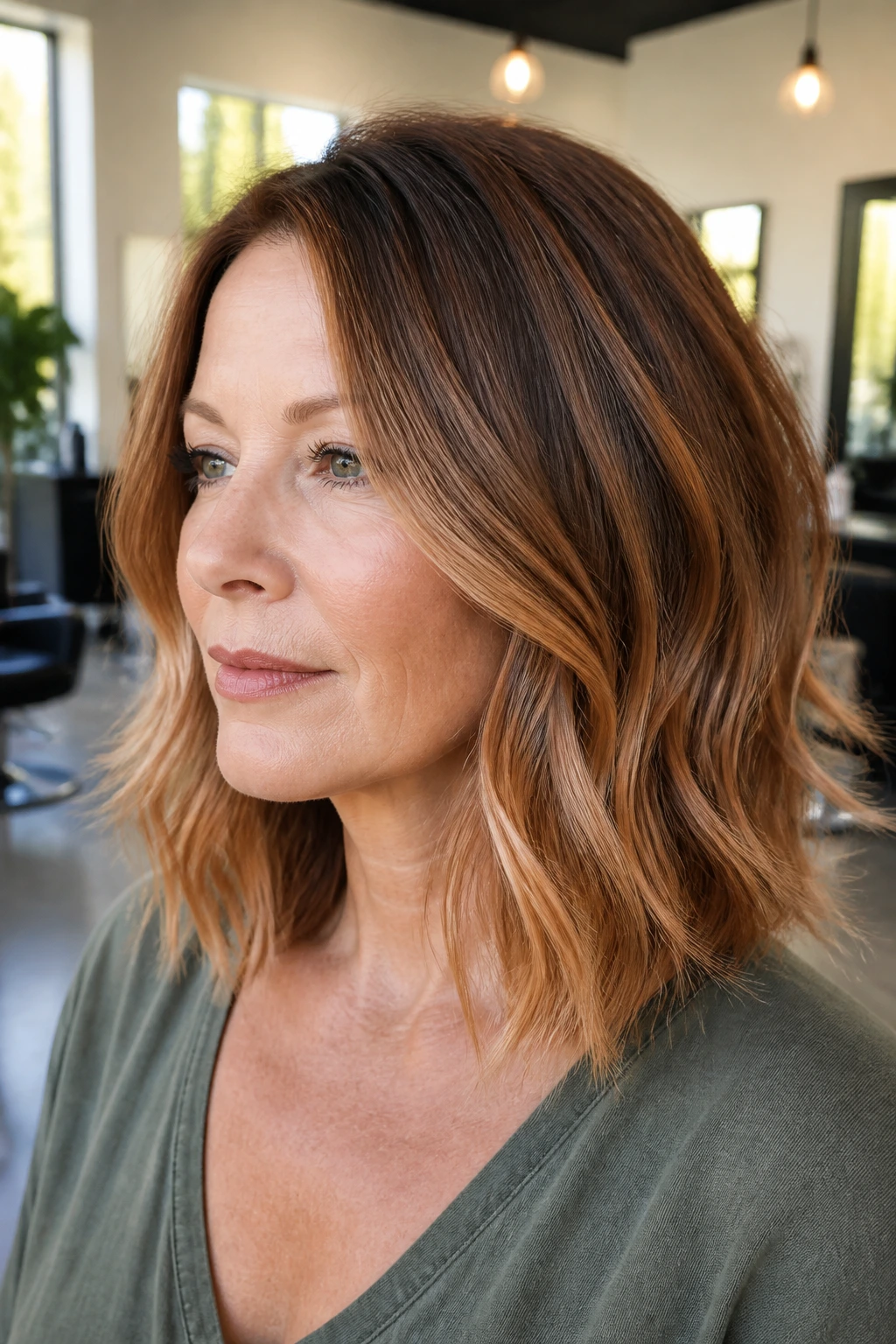 Close-up portrait of a real woman with strawberry bronde lob color gradient