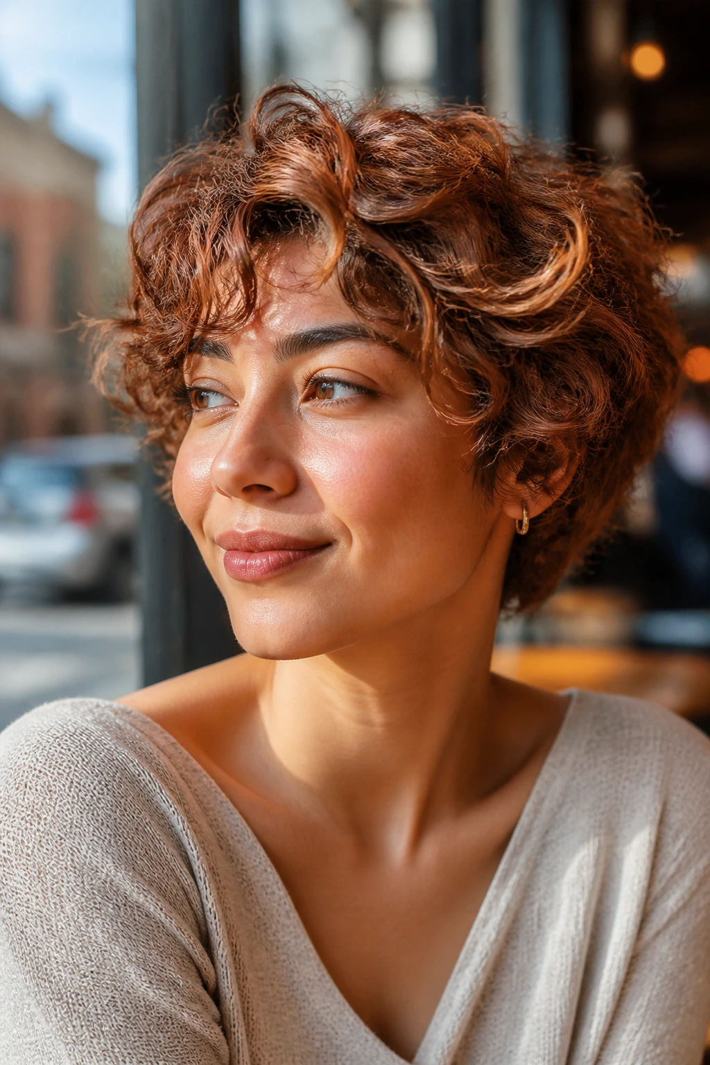 Close-up of a real woman's short curls with strawberry bronde highlights