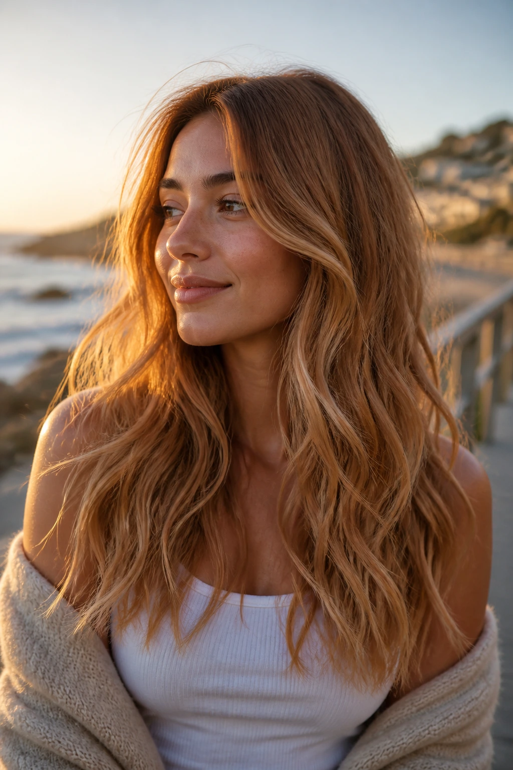 Portrait of a real woman with strawberry bronde waves in golden hour light.