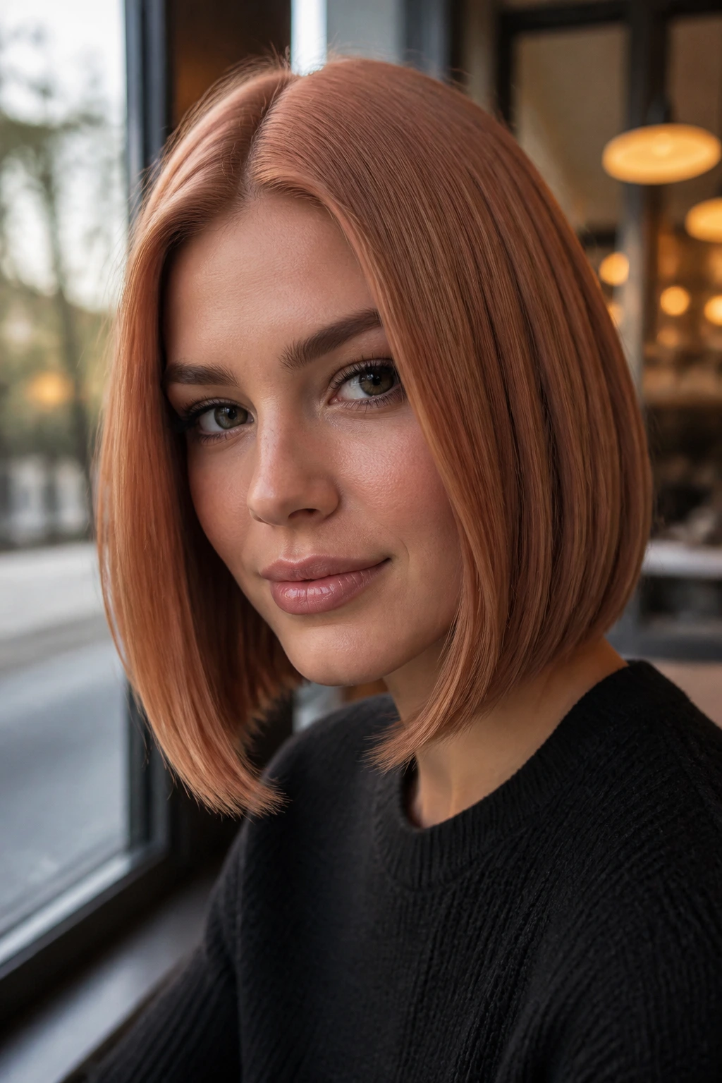 Close-up portrait of a real woman with a Strawberry Bronze Bob color