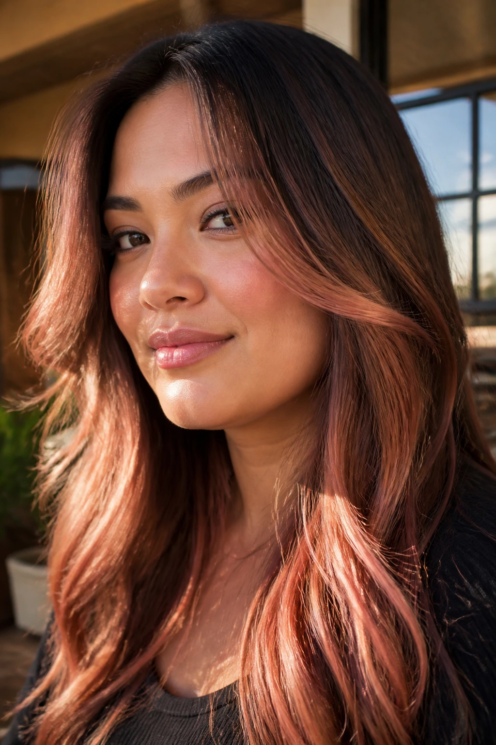 Close-up of strawberry bronze highlights on long hair with warm skin tone