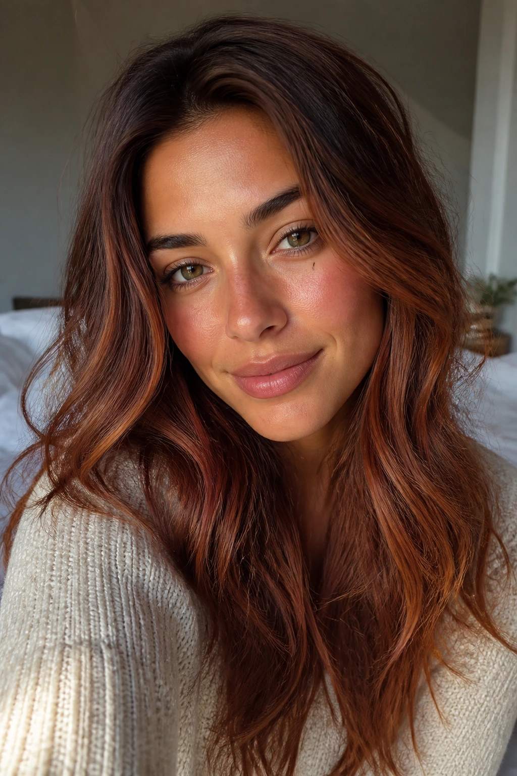 Close-up portrait of a real person with strawberry brunette melt on olive skin in morning light