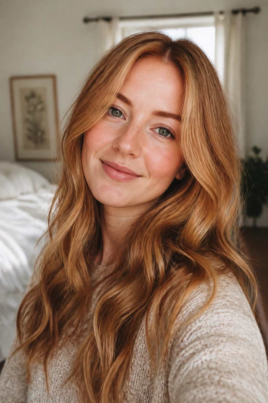 Butterscotch hair with strawberry notes on a real woman with rosy skin in soft daylight