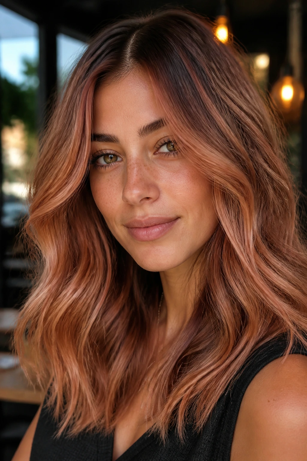 Real woman with strawberry caramel balayage close-up