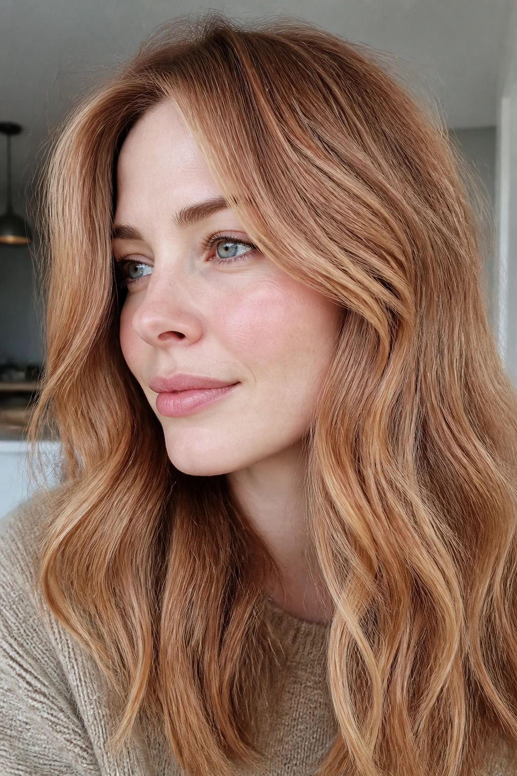 Hair with strawberry caramel blend and rosy undertones on pale skin