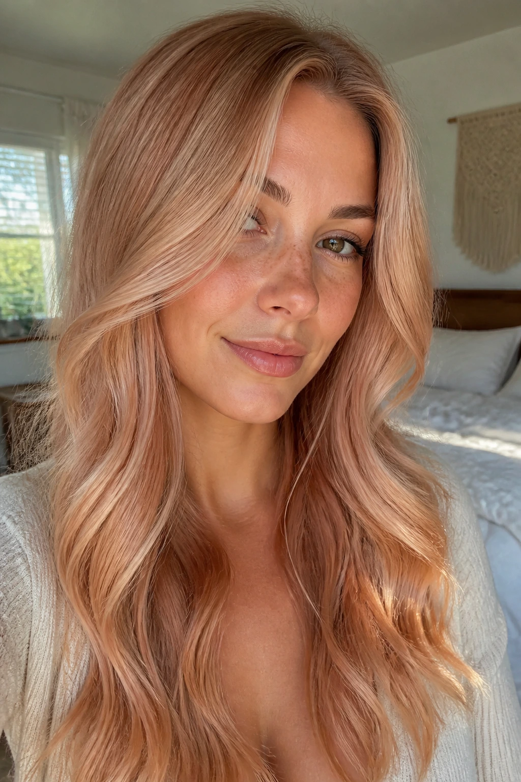 Close-up portrait of a real woman with strawberry champagne blonde hair and peach tint