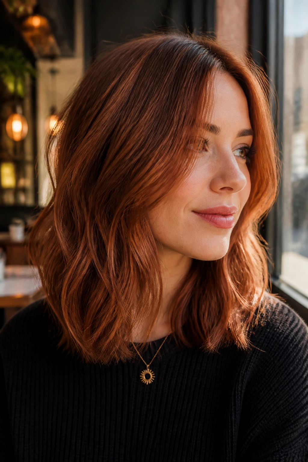 Close-up of brunette with strawberry cinnamon lob in warm cafe light.