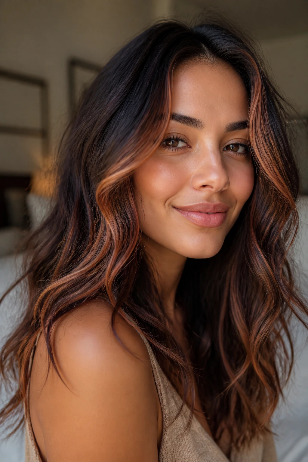 Close-up portrait of a real woman with strawberry copper hair accents in beachy waves.