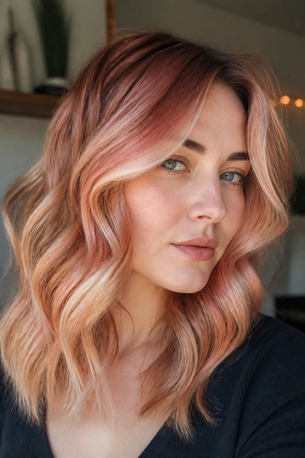 Close-up portrait of a woman with strawberry cream balayage emphasizing upper cheek and temple