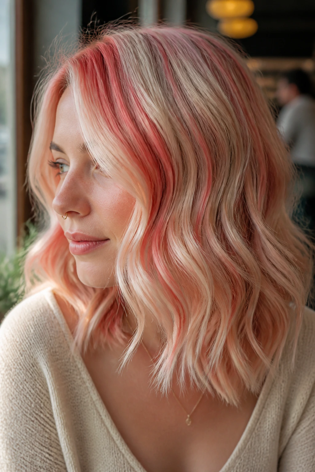 Close-up portrait of a real woman with strawberry cream blocks in wavy hair