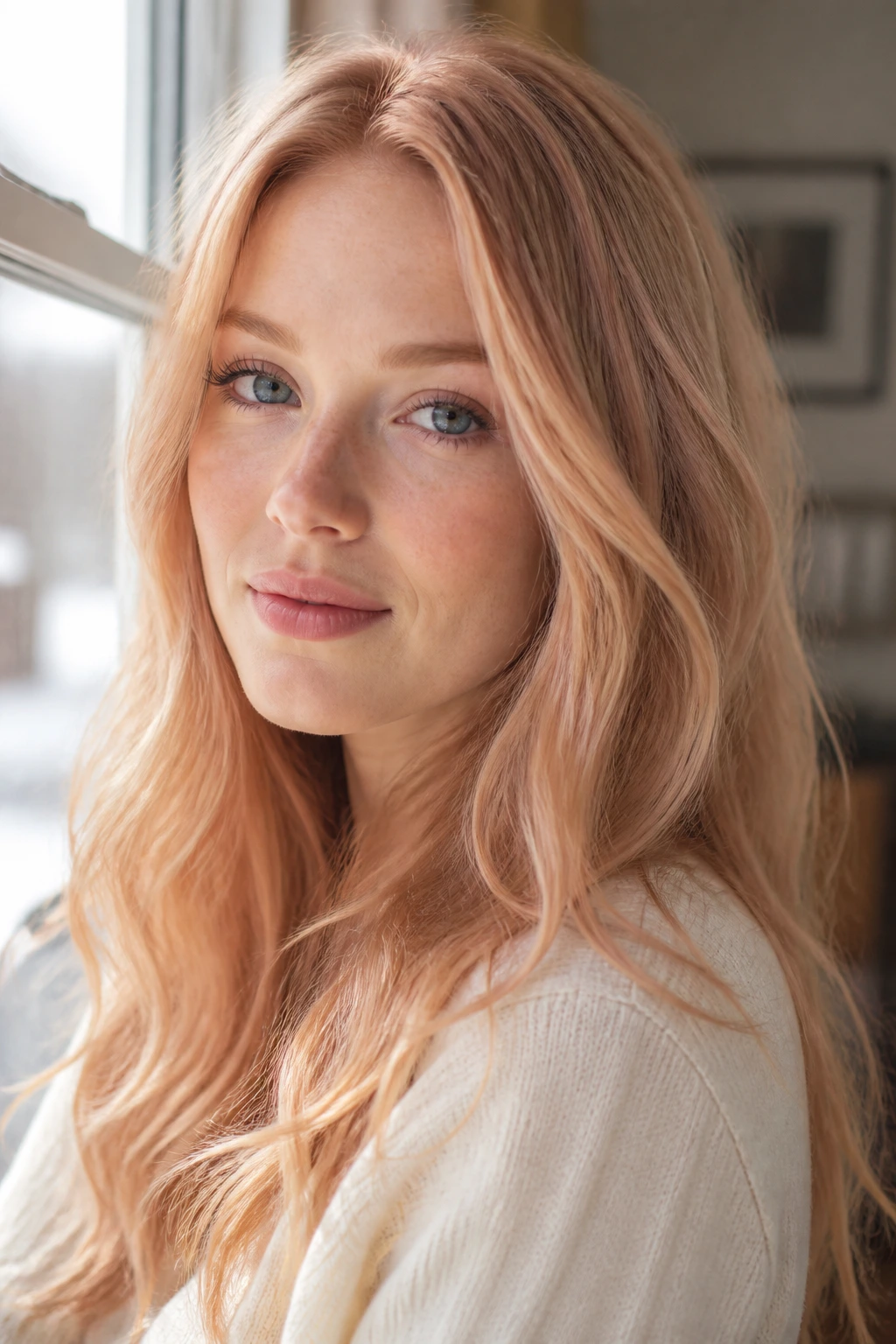 Close-up of a real woman with strawberry cream blonde tones near a sunny window