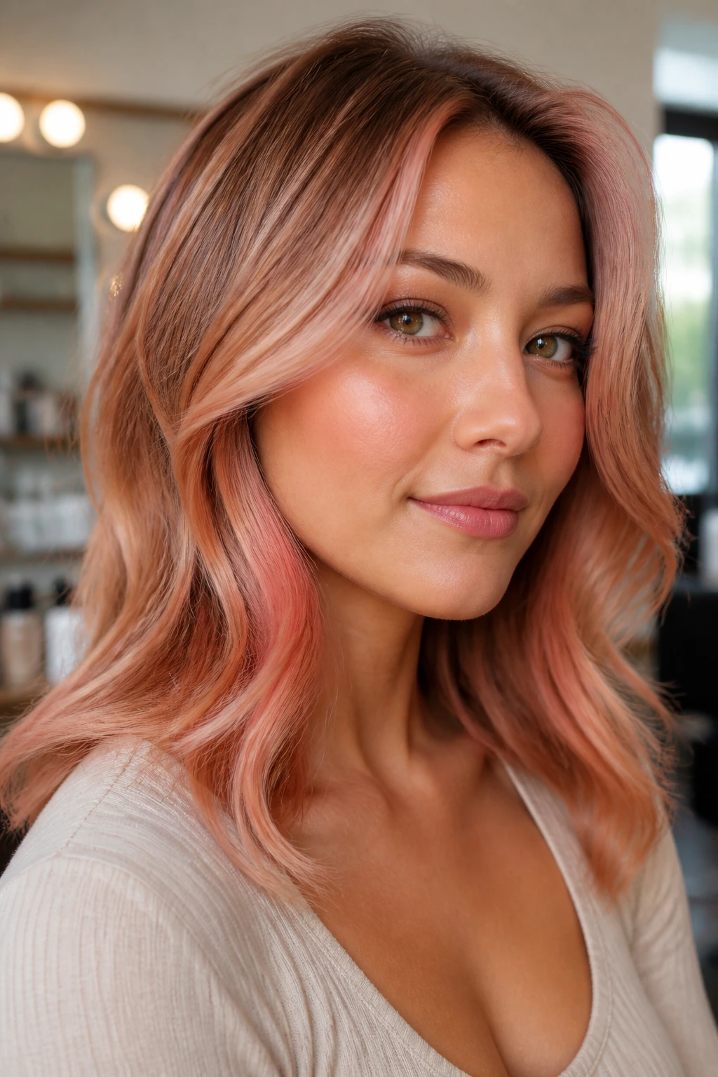 Real woman with strawberry cream contour highlights framing her face