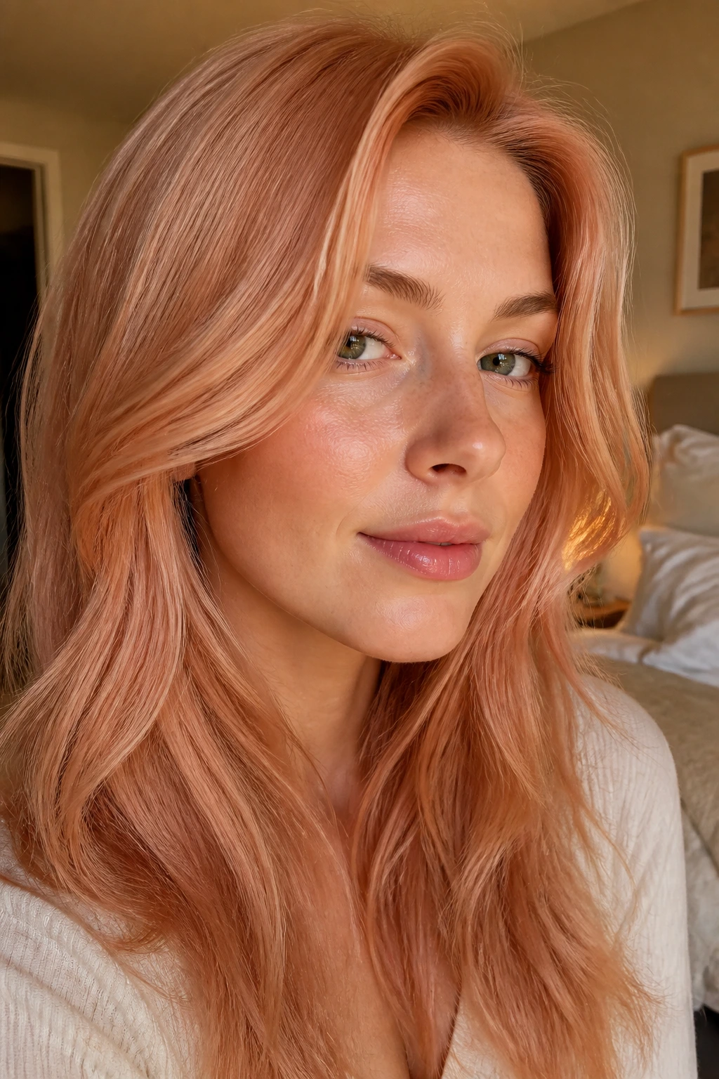 Portrait of a real person with pale strawberry cream copper hair in warm morning light