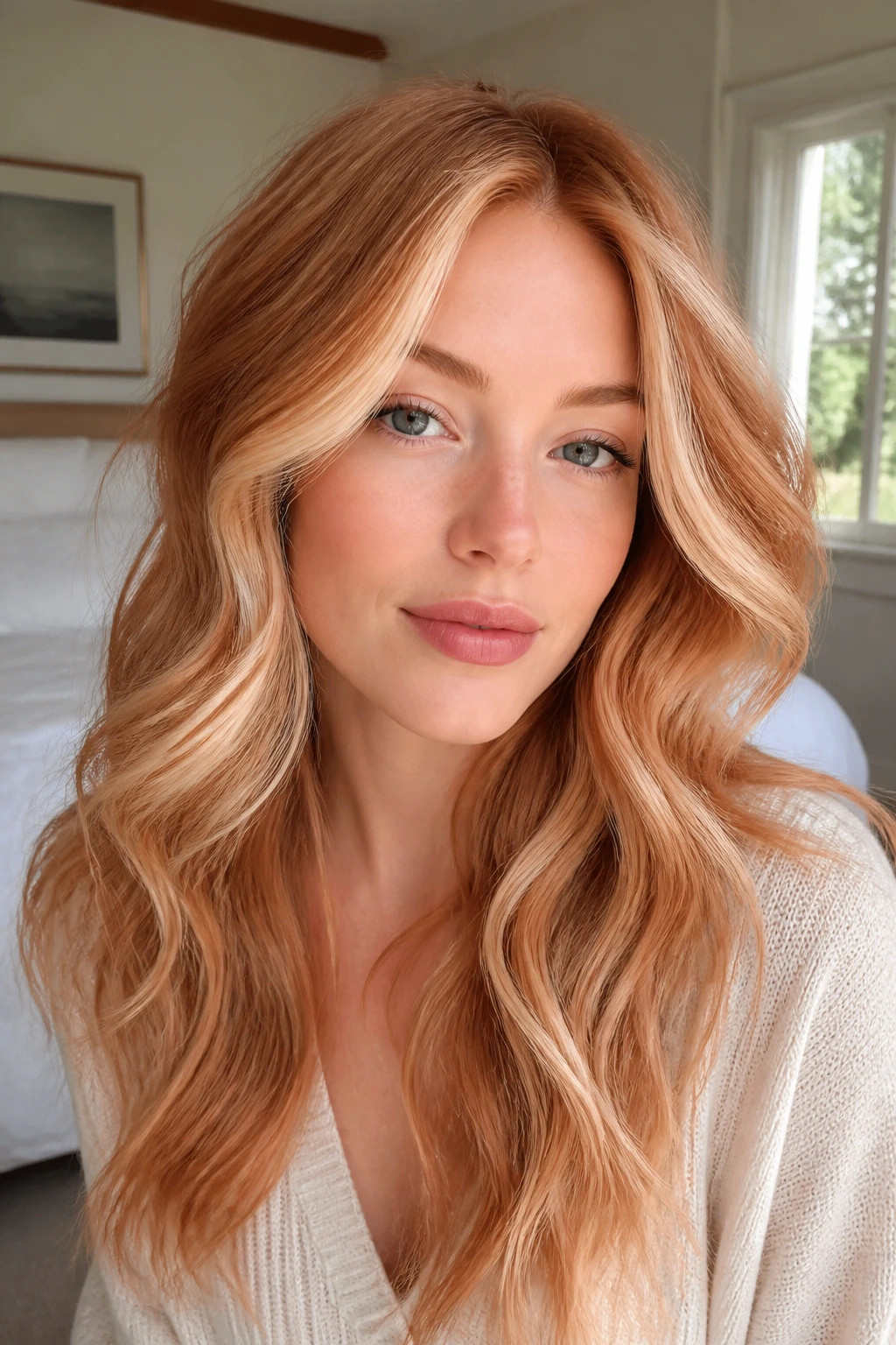 Close-up of a real woman with strawberry cream face-framing waves