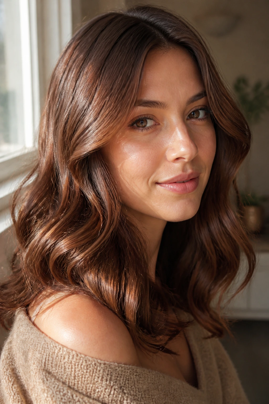 Brunette waves with strawberry gloss shimmer