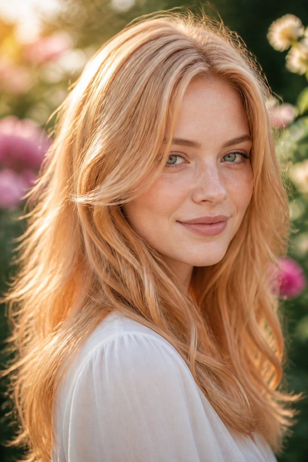 Close-up portrait of a woman with strawberry gold blonde and rosy warmth