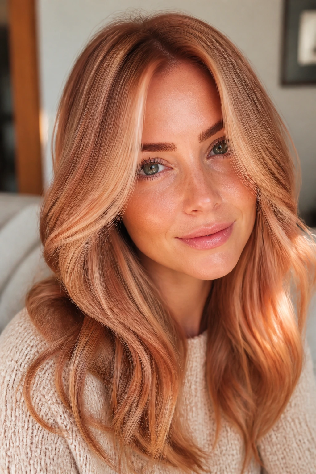 Close-up portrait of a real person with strawberry-gold highlights