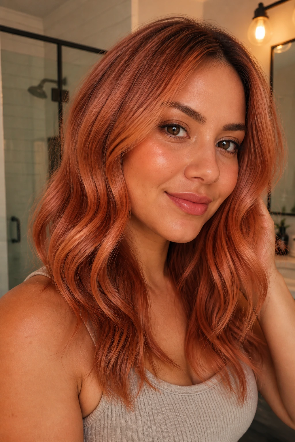 Close-up of glossy strawberry hair in a real person’s head with fresh appearance